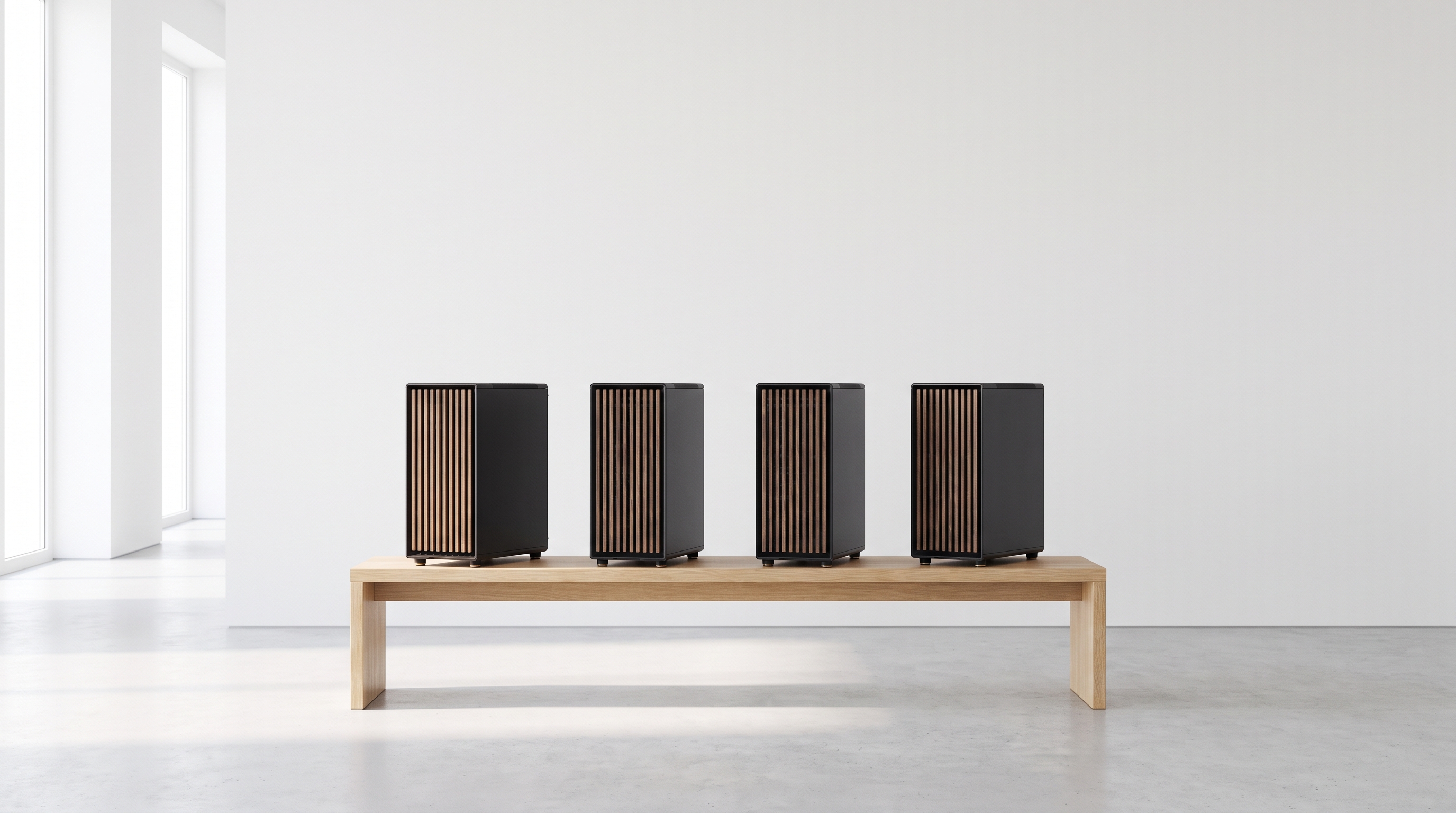 Four identical Fractal North workstations in a row on an oak bench