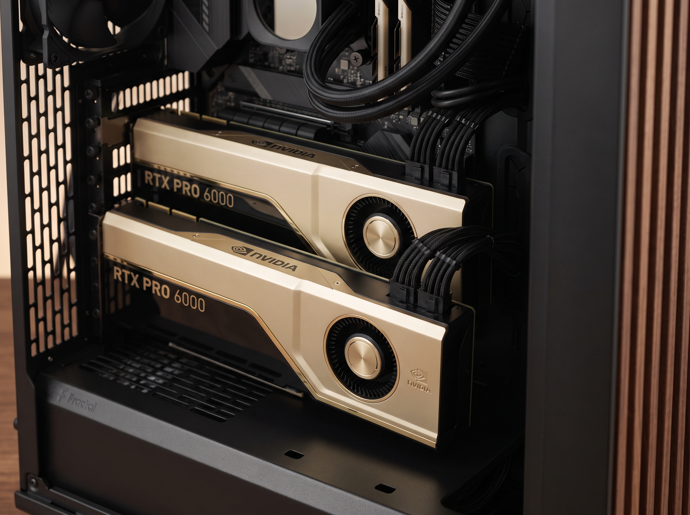 Inside a Fractal North case: two NVIDIA RTX PRO 6000 blower-style GPUs installed with clean cabling